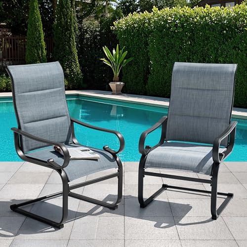 Set of 2 Padded Textilene Patio Dining Chairs C Spring Outdoor Chairs with Curved Armrests Powder Coated Metal Frame Patio Furniture for Garden Backyard Poolside Lawn Blue and Black