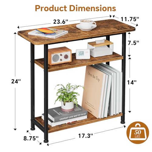 Narrow Side Table, 3-Tier End Table with Wide Storage Tabletop, Nightstand for Bedroom Living Room, Rustic Brown