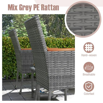 5 Pieces Patio Conversation Set, Outdoor PE Rattan Chairs with Soft Cushions, Ottomans & Tempered Glass Top Table, Acacia Wood Armrests, Patio Furniture Set (Mix Grey+Beige)
