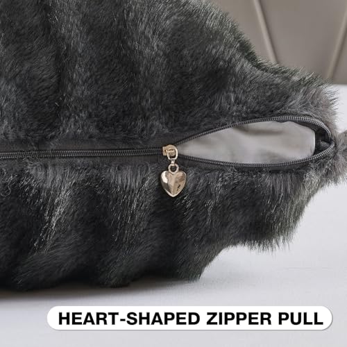 Pack of 2 Faux Mink Fur Throw Pillow Covers 24x24 Inch Soft Fluffy Dyeing Striped Textured Farmhouse Decorative European Cushion Case Modern Home Decor for Couch Bed Living Room, Dark Grey