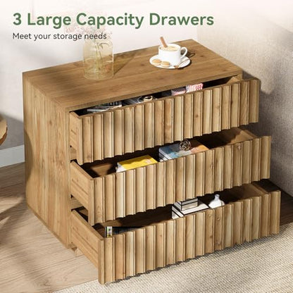 Oversized Solid Wood Nightstand with 3 Drawers, Farmhouse Bedside Table | Solid Wood; 3 Large Drawers; 31.5" Wide; Curved Profile Design