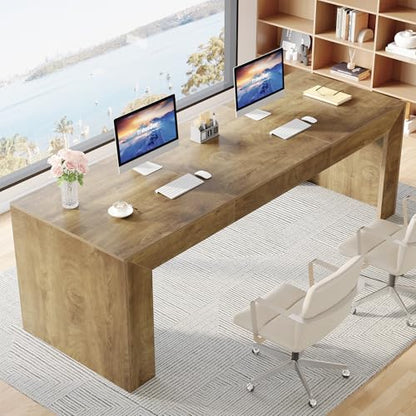 Tribesigns 78.7-Inch Long Computer Desk for 2 People, Farmhouse Executive Desk with Wooden Desktop and Legs, Large Workstations Writing Table Gaming Table for Home Office, Heavy Duty, Brown