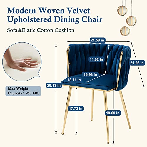 Modern Velvet Dining Chairs Hand Weaving Accent Chairs Living Room Chairs Upholstered Side Chair with Golden Metal Legs for Dining Room Kitchen Vanity Living Room (Navy)