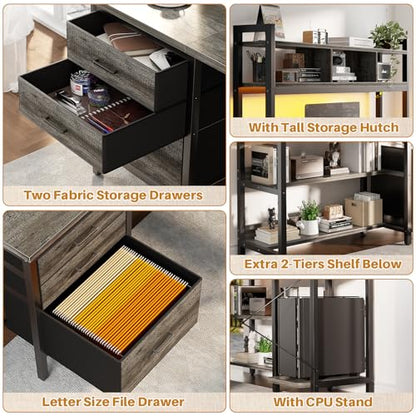 L Shaped Desk with Hutch, Gaming Desk with Led Lights, Reversible Computer Desk with Power Outlet, Corner Desk with File Drawer & Monitor Stand, Storage Shelves for Home Office, Black Oak