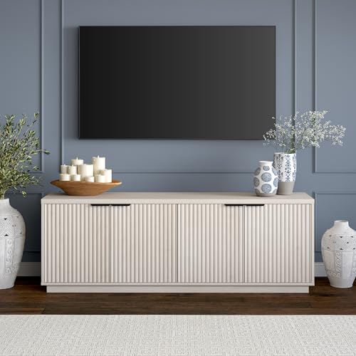 Fluted TV Stand for TVs up to 78" with 2 Ribbed Storage Cabinets and Adjustable Shelves for Living Room, Family Room, or Office, Beech White