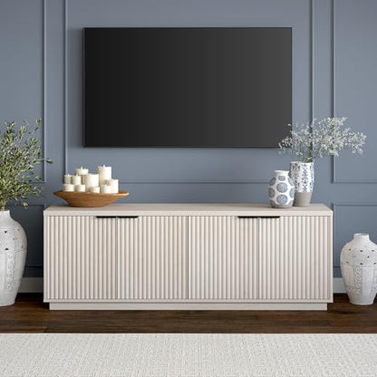 Fluted TV Stand for TVs up to 78" with 2 Ribbed Storage Cabinets and Adjustable Shelves for Living Room, Family Room, or Office, Beech White