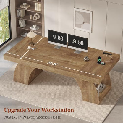 70.9 Inch Executive Desk, Large Office Desk with Power Outlet & Storage Shelves, view 6