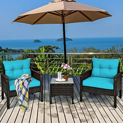3 Piece Wicker Chairs with Glass Top Coffee Table, Thick Cushions, All Weather Garden Lawn Poolside Backyard Porch Outdoor Patio Furniture Set for 2 (Turquoise)