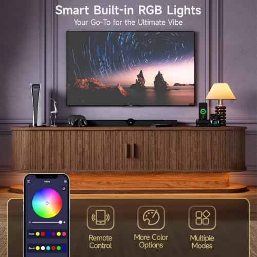 70" TV Stand Up to 80 Inch, Fluted Media Console Cabinet Walnut, view 4