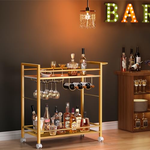 Bar Cart w/Wheels,2 Tier Home Bar Serving Cart,Flowing Gold, view 3