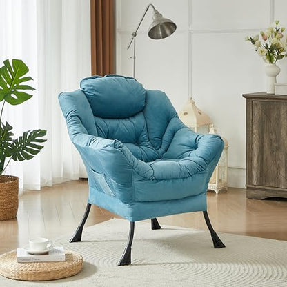 Lazy Chair with Armrest and Side Pocket, Comfy Accent Lounge Chair,Leisure Sofa Armchair for Living Room, Bedroom, Dorm, or Small Spaces, Oversized Reading Sofa Chair, Textured Blue