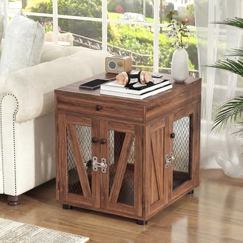 Wooden Dog Crate End Table with USB Charging Station, Walnut, view 2