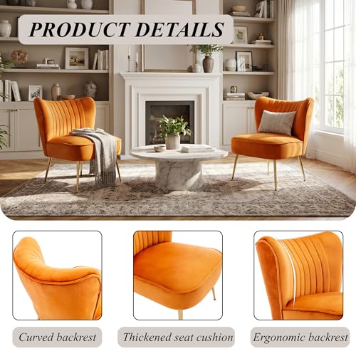 Velvet Accent Chairs Set of 2 for Comfy Living Room Armless Slipper Chair Mid Century Side Chair Single Sofa with Golden Legs Wingback for Bedroom Guest Room, Orange