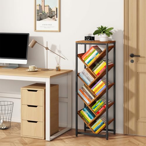 9 Tier Tree Bookshelf with Top Shelf,Brown TBC002H | Floor Standing Bookshelf for Narrow Space Storage Organizer Bookcase Display Rack Corner Bookcase for Bedroom Living Room