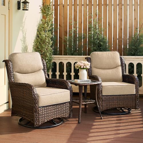 Luxury Outdoor Patio Furniture Set with 6-Inch Thick Cushions, High Back Wicker Swivel Rocker Chairs, 3 Pcs All Weather Chairs Set for Small Porch, Deck and Sunroom, Beige (V3)
