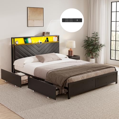 Queen Bed Frame with 4 Storage Drawers, Upholstered Storage Headboard, view 2