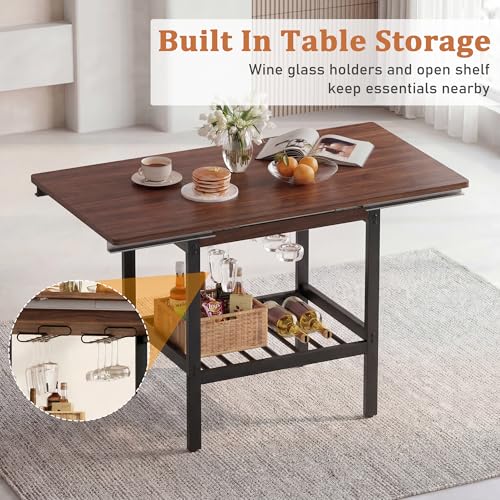 Extendable Breakfast Nook Table Set with Storage Benches & Stools, 6-Piece Corner Dining Table Set, Kitchen Nook Table Set with Glass Holder for Small Space, Indoor/Outdoor Use (Black+Walnut)