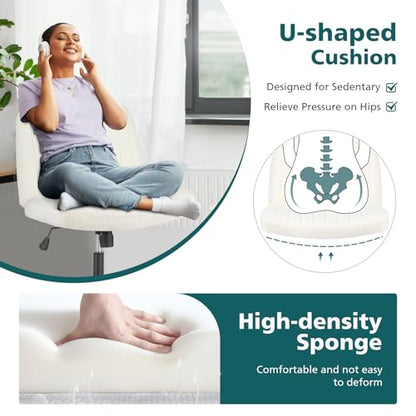 Criss Cross Chairs Armless No Wheels Wide Seat Cross Legged Height Adjustable Swivel Rolling Padded Teddy Fleece Cute Home Office Desk Seating for Bedroom, Study Room, Teddy Beige No Wheel