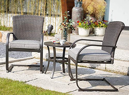 3-Piece Bistro Set, Outdoor Wicker Table Set, Rocking Wicker Chairs with Removable Cushions and Small Coffee Table, Patio Furniture Sets for Balcony, Porch, Grey