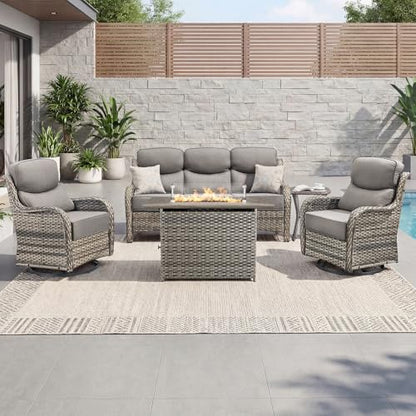 Luxury Patio Furniture Set with 6-inch Thick Cushion, Outdoor Furniture with Fire Pit Table, Swivel Chairs, Side Table, Sofa, 5pcs Wicker Conversation Set for Deck Yard(Grey Wicker/Grey Cushion)