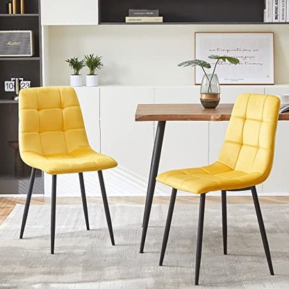 Yellow Velvet Dinner Chairs Set of 2, Modern Armless Biscuit Tufted Dining Side Chairs with Metal Legs for Kitchen Living Room Vanity