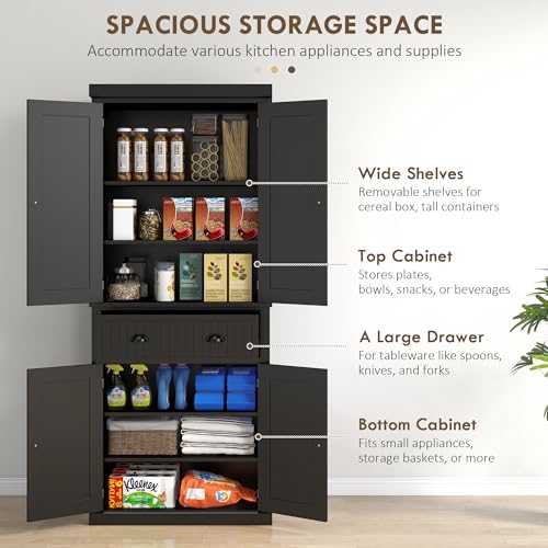 Traditional Black Kitchen Pantry with 4 Doors and Adjustable Shelves, view 5