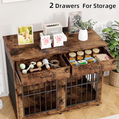 43.3" Large Dog Crate Furniture with 2 Drawers, Brown, view 7