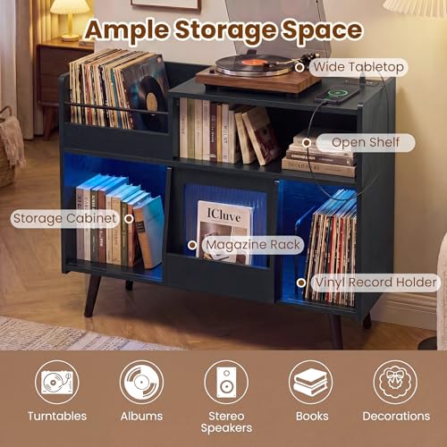 Large Record Player Stand with LED Light & Sliding Door, Black, view 6