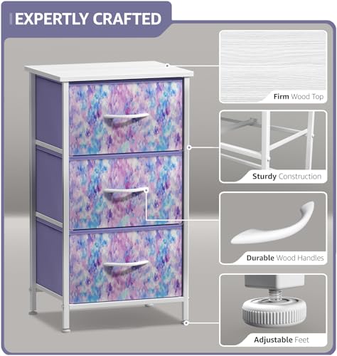 Nightstand Storage Organizer Chest with 3 Drawers - Kids Girls, Boys Bedroom Furniture Chest for Clothes, Closet Organization - Steel Frame, Wood Top, Fabric Bin (3-Drawer, Blue/Pink/Purple)