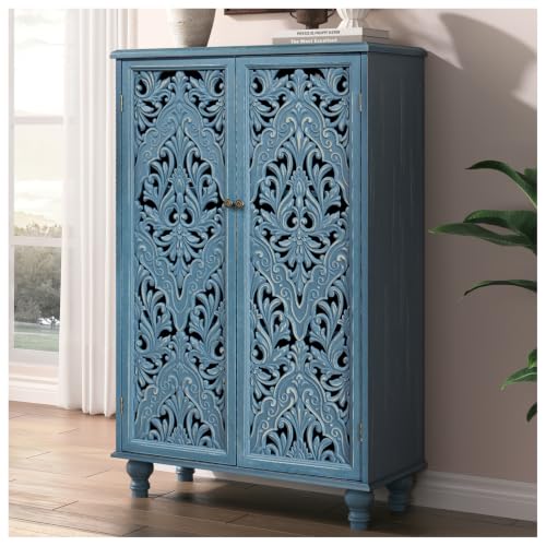 47" Tall Accent Cabinet with Carved Doors & Storage for Living Room | Vertical Storage for Dining Room,Bedroom, Carved Floral Design, Farmhouse & Rustic Style, Adjustable Shelves, Easy Assembly