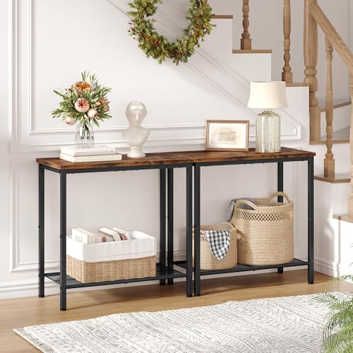 2 Tier End Table, Sofa Side Table, Narrow Side Table with Storage, Slim Nightstand for Small Spaces, Metal Frame, for Living Room, Bedroom, Sofa Couch, Hall, Rustic Brown