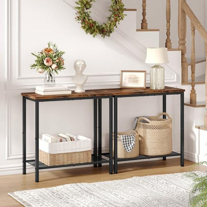 2 Tier End Table, Sofa Side Table, Narrow Side Table with Storage, Slim Nightstand for Small Spaces, Metal Frame, for Living Room, Bedroom, Sofa Couch, Hall, Rustic Brown