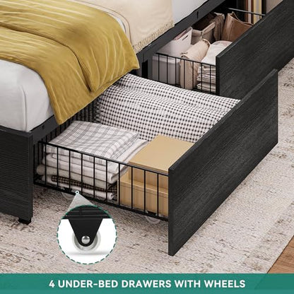 King Size Bed Frame, 51" Tall Bookcase Headboard and 4 Storage Drawers, view 7