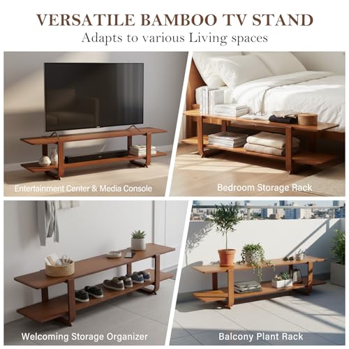 Walnut TV Stand for 65-Inch TVs, 2 Open Shelves, Modern Media Console, view 4