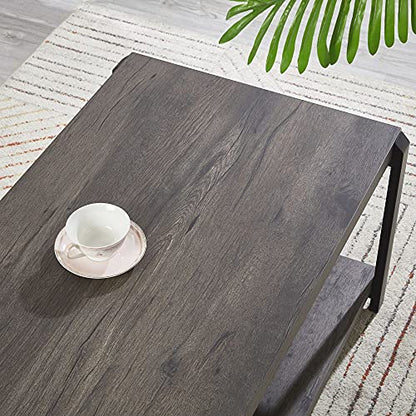 Coffee Table with Storage Shelf, Rustic Wood and Metal Cocktail Table for Living Room, Grey