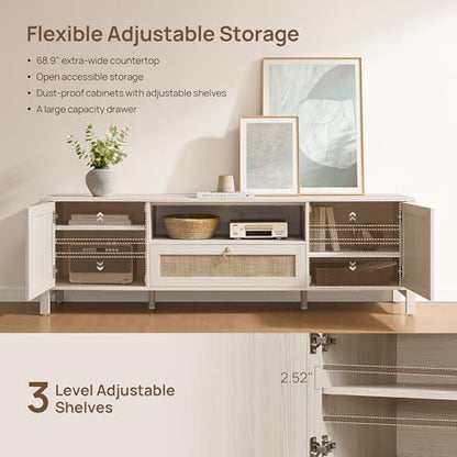 Rattan TV Stand for TVs up to 75 Inch, White Entertainment Center, view 5