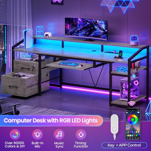 63" Computer Desk, Office Desk with Lockable Drawers for Legal/Letter File, Gaming Desk with LED Lights & Power Outlet, Home Office Desks with Storage, Grey