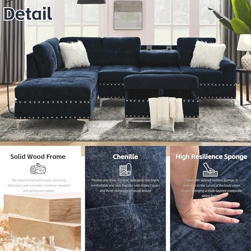 Living Room Furniture Sets, L-Shape Sectional 5-Seater Sofa with Extra Wide Reversible Chaise, Storage Ottoman and Cup Holders and Copper Nails, 2 Pillows, Navy Blue