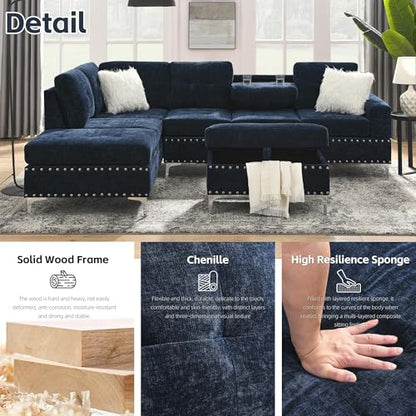 Living Room Furniture Sets, L-Shape Sectional 5-Seater Sofa with Extra Wide Reversible Chaise, Storage Ottoman and Cup Holders and Copper Nails, 2 Pillows, Navy Blue