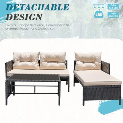3 Piece Patio Furniture Set Outdoor Wicker Rattan Sectional Sofa with Cushions & Coffee Table for Yard, Garden, Porch, Poolside, Light Beige