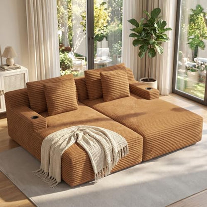 80'' Double Chaise Lounge Chair Indoor, Non-Assembly Deep Seat Sofa with Cup Holders Boneless Bed with 4pcs Pillows for Living Room Bedroom, Camel-Corduroy