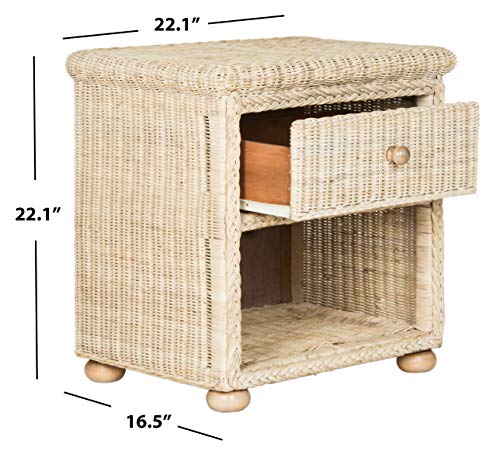 SAFAVIEH Home Collection - Adira Natural White Wash Wicker 1-Drawer Nightstand Accent Table, Coastal Boho Bedroom Storage Furniture with Shelf, 22.1"W x 16.5"D x 22.1"H (SEA8002A)