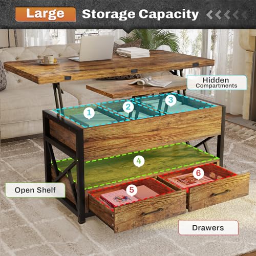 40" Lift Top Coffee Table, 4 in 1 Coffee Tables with Storage for Living Room, Small Farmhouse Coffee Table with 2 Drawers & LED Light for Dining Reception Room, Rustic Brown