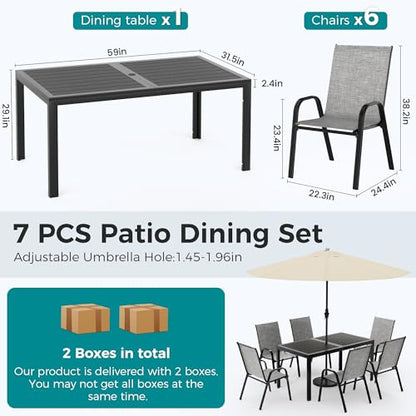Outdoor Dining Sets for 6, Rectangular Steel Slat Table with 6 Textilene Chairs, 7 Piece Patio Table and Chairs Set with Umbrella Hole for Patio, Garden, Backyard and Poolside (Grey)
