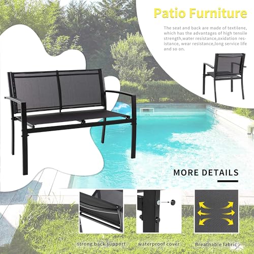 4 Pieces Patio Furniture Set All Weather Textile Fabric Outdoor Conversation Set, with Glass Coffee Table, Loveseat, 2 Single Chairs for Home, Garden, Lawn, Porch（Black）