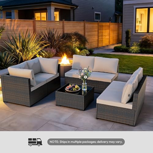 WWR Patio Furniture Set 7 Piece - All-Weather - Wicker Rattan Patio Outdoor Conversation Set, Modular Sectional Sofa for Backyard, Garden, Poolside, Balcony, Porch, Patio, Brown/Light Gray