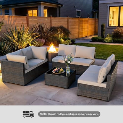WWR Patio Furniture Set 7 Piece - All-Weather - Wicker Rattan Patio Outdoor Conversation Set, Modular Sectional Sofa for Backyard, Garden, Poolside, Balcony, Porch, Patio, Brown/Light Gray