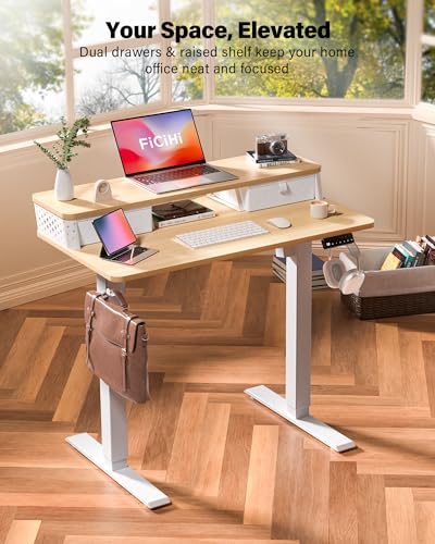 40x24 Inch Standing Desk with Drawers, C-Clamp Mount Compatible, Electric Adjustable Height Computer Small Stand Up Desks, Home Office Sit Stand Table with 3 Preset Heights, Maple