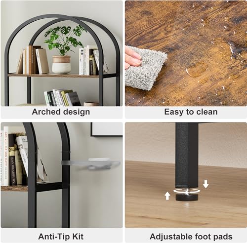6-Tier Bookshelf Arched Display Racks, Wood and Metal Bookcase, Tall Bookshelf, Industrial Display Standing Shelf Unit, for Home Office, Living Room, Bedroom, Bathroom, Rustic Brown