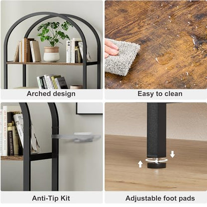 6-Tier Bookshelf Arched Display Racks, Wood and Metal Bookcase, Tall Bookshelf, Industrial Display Standing Shelf Unit, for Home Office, Living Room, Bedroom, Bathroom, Rustic Brown